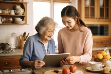 Obraz na płótnie Canvas Adult daughter teaching elderly mom to use online app on tablet for communication. Senior lady holding digital gadget.