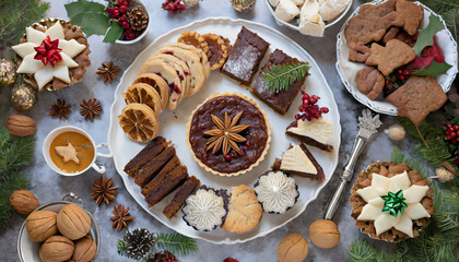 A holiday dessert platter features top-down views of pecan pie slices, gingerbread cookies, and peppermint brownies, offering a festive array of sweet treats.