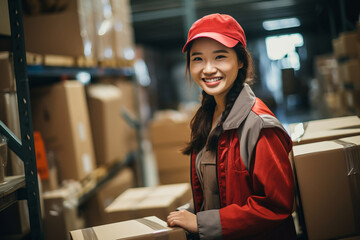 Young beautiful woman taping a cardboard box for delivery. Warehouse order picker packing and sealing cardboard box with tape for dispatch.