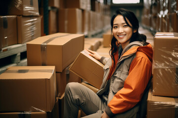 Young beautiful woman taping a cardboard box for delivery. Warehouse order picker packing and sealing cardboard box with tape for dispatch.