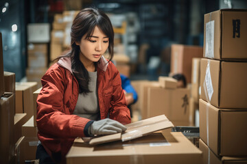 Young beautiful woman taping a cardboard box for delivery. Warehouse order picker packing and sealing cardboard box with tape for dispatch.