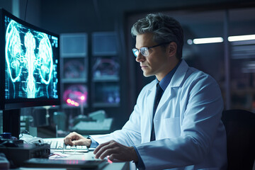 Fototapeta premium Professional neuroscientist analyzing CT scan. Neurology doctor studying scans on a monitor in hospital lab.