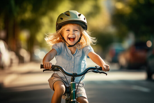 Cute little girl riding a bicycle in summer park. Cheerful little child having fun on a bike on sunny evening.