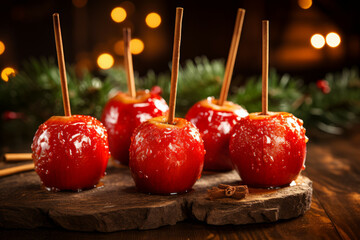 Red apples covered with caramelized sugar. Apples on sticks as traditional Christmas dessert on a backdrop on Christmas tree lights.