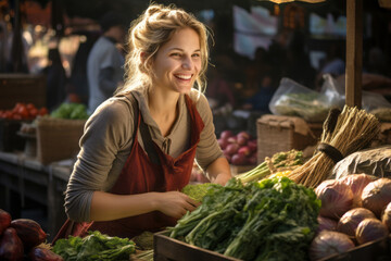 Young woman selling fruits and vegetables at the farmers market.