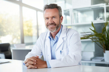 Naklejka na ściany i meble Handsome smiling male doctor wearing scrubs in a hospital. Cheerful medical staff portrait.