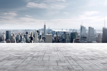 Panoramic skyline and buildings with empty brick concrete square floor cityscape. 3d render...