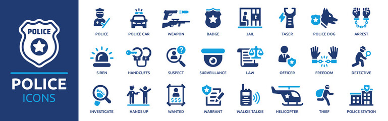 Police icon set. Containing badge, jail, arrest, investigate, handcuffs and police station. Solid vector icons collection. - obrazy, fototapety, plakaty