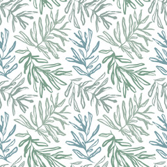 Rosemary branches seamless pattern in green shades. Brush drawn foliage silhouettes.