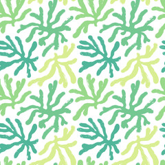Seamless pattern with coral and algae in Matisse style in green shades.