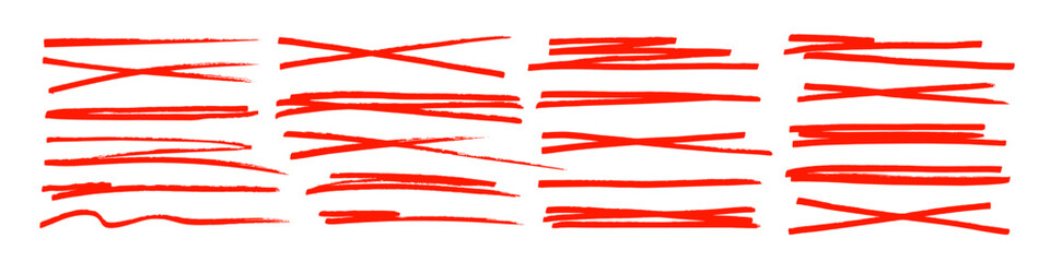 Underline and strike through red markers collection. Hand drawn vector underlines.