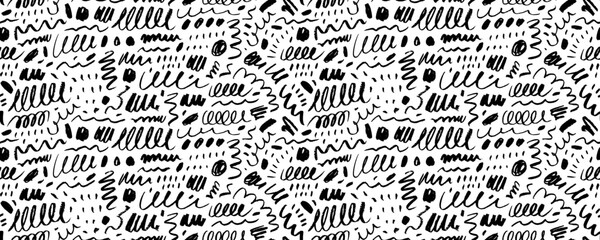 Simple childish doodle seamless banner pattern. Squiggle and swirls with blots.