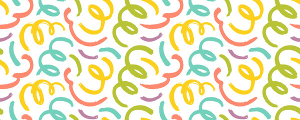 Fun colorful line doodle seamless banner design. Squiggles and swirls with loops.