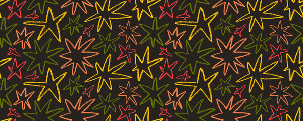 Hand drawn stars seamless banner design in warm colors. Charcoal and pencil drawn sharp stars.