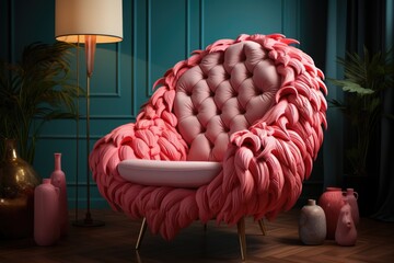 A pink chair in a room next to a lamp