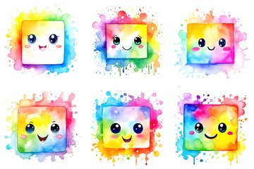 A set of six different colored square faces, watercolor clipart on white background.