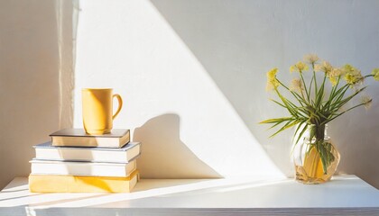 机の上の本とコップと植物
