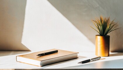 机の上の本とペンと植物