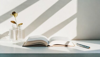 机の上の本とカップと植物