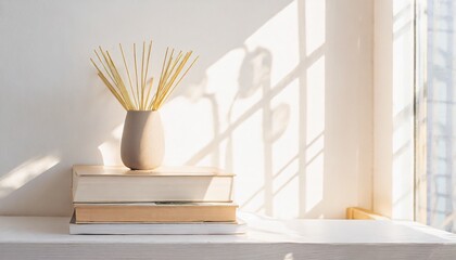 机の上の本と植物