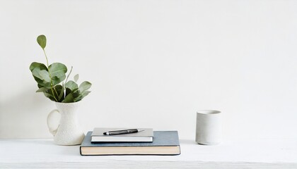 机の上の本とカップと植物