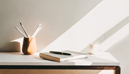 机の上の本とカップと植物