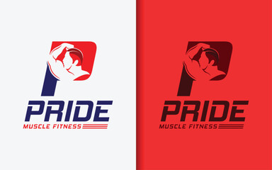 Abstract Initial Letter P Combine with a man showing off his arm muscles. Sport Fitness Logo Vector Illustration.