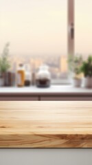 Wooden table or countertop in a modern kitchen, with a focused foreground and a blurred background, ideal for product placement or renderings, accentuating the setting's ambiance.
