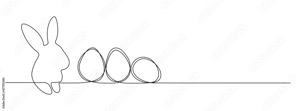 Leinwandbilder one continuous line drawing of easter eggs and rabbit. greeting banner design with bunny and ears in