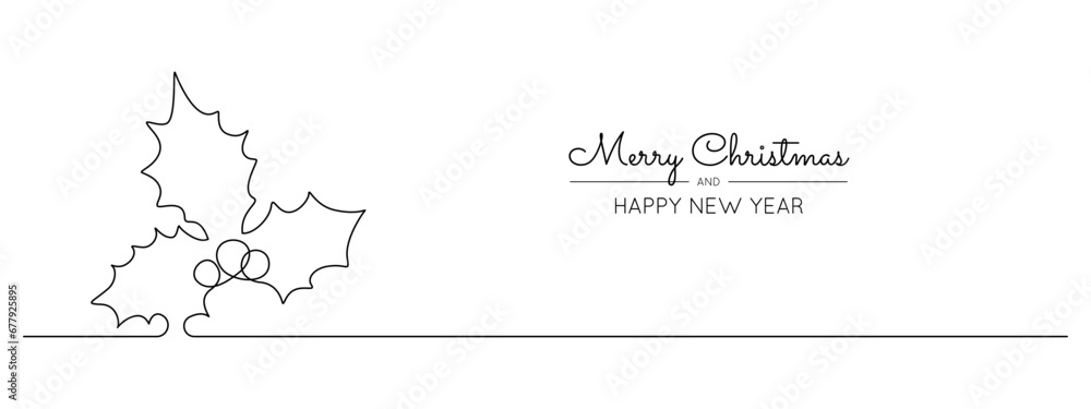 Poster one continuous line drawing of christmas holly. festive greeting card and banner with mistletoe desi