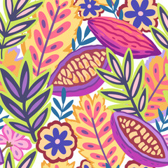 Fototapeta na wymiar Colorful tropical seamless pattern. Abstract psychedelic motif with plant and floral elements. Joyful print for design. Vector illustration