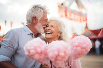 happy smiling senior couple at the amusement park - obrazy, fototapety, plakaty