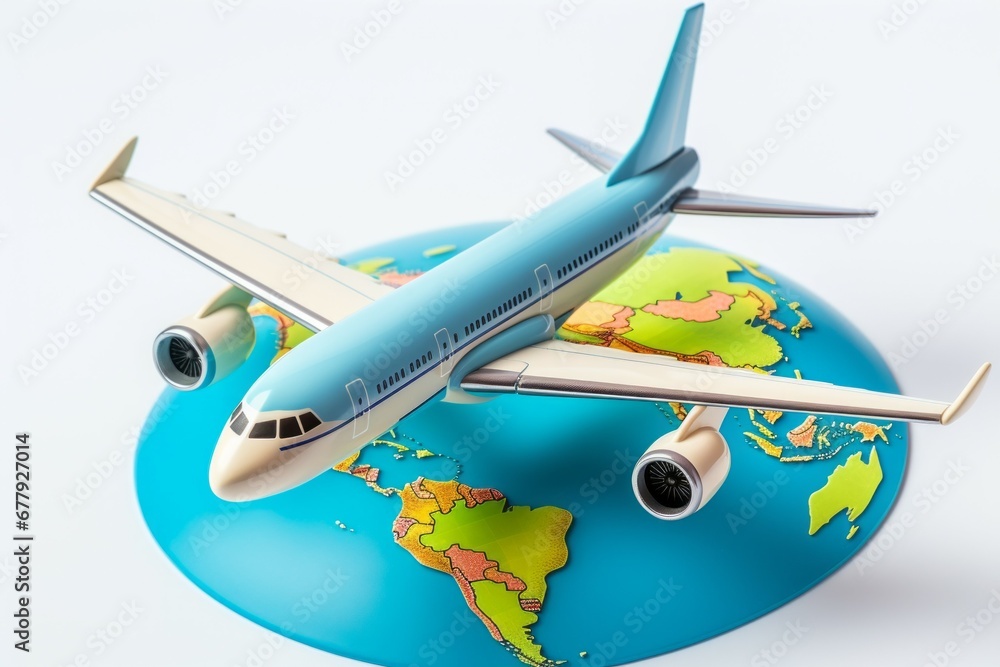 Poster airplane over abstract continents. background with selective focus and copy space