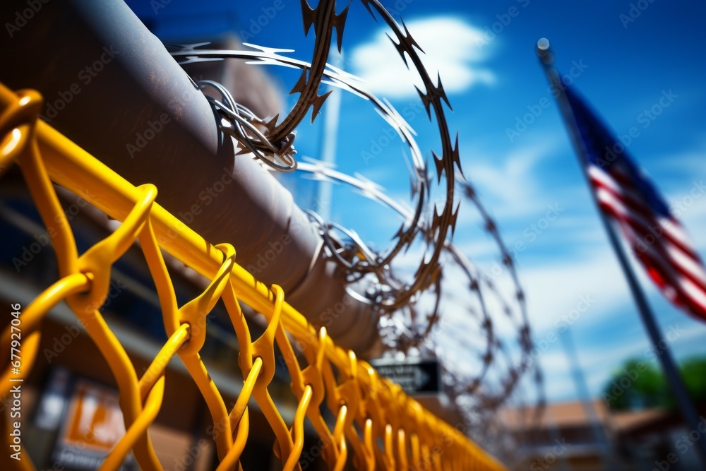Poster barbed wire on the us state border. background with selective focus and copy space
