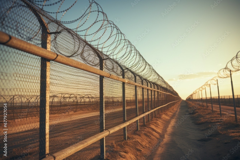 Poster fence with barbed wire. prison or border. background with selective focus and copy space