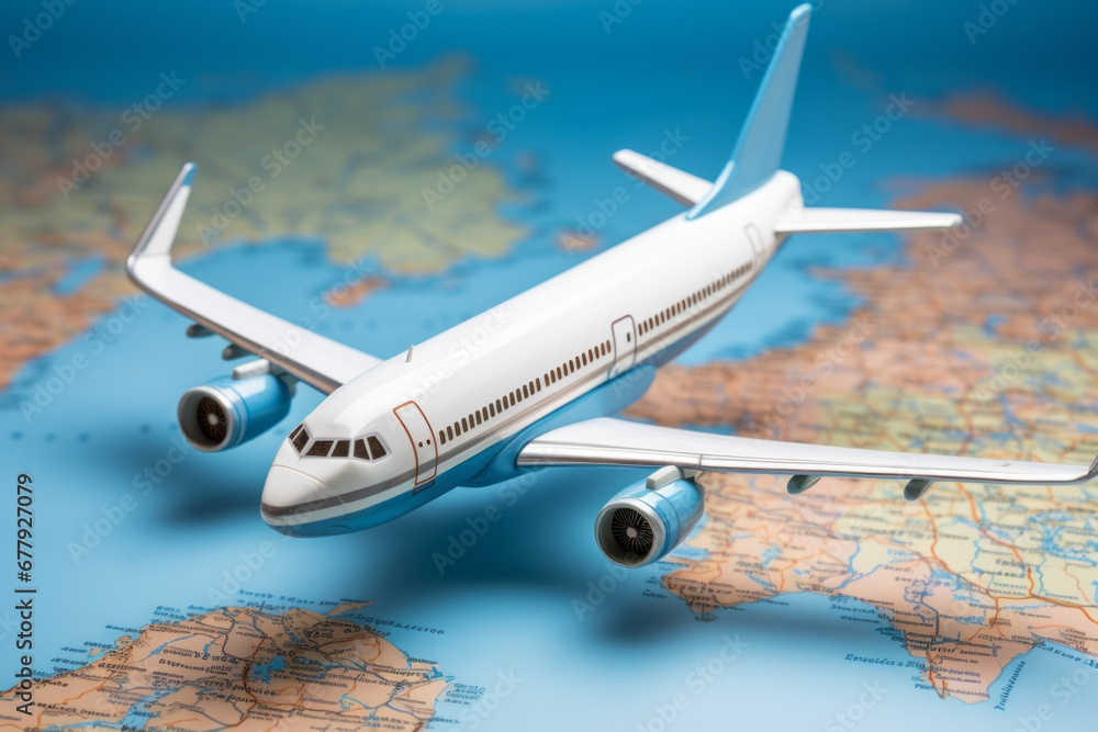 Poster airplane over the world map. background with selective focus and copy space