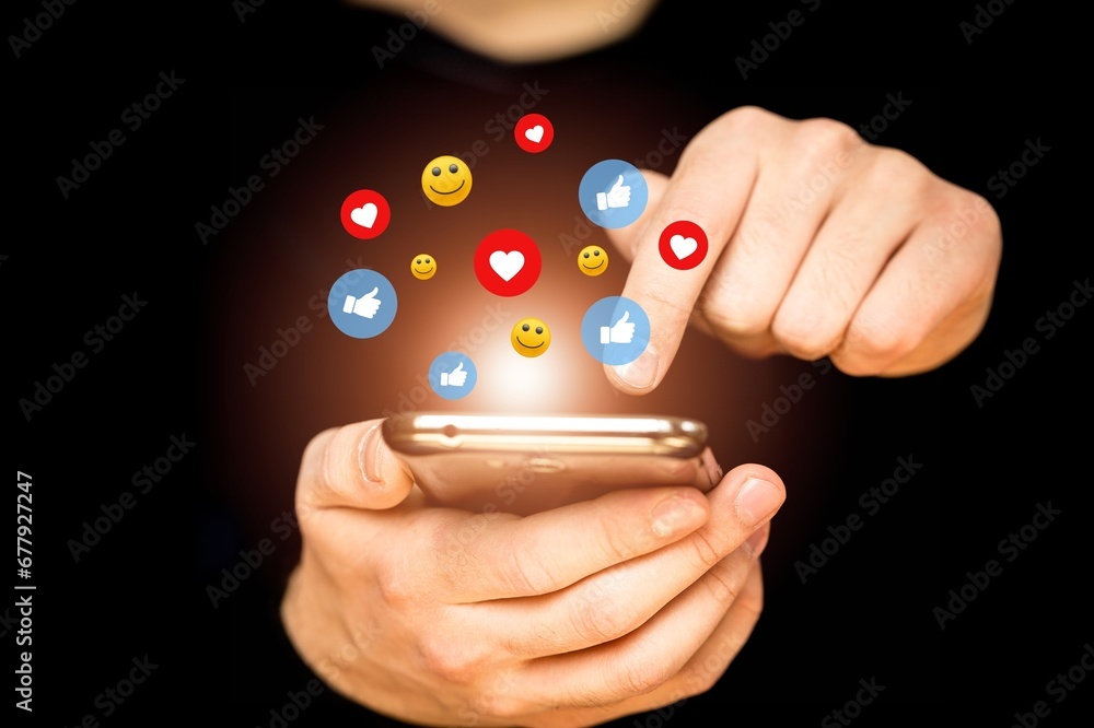 Sticker Young person hold smartphone with social images