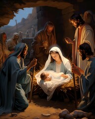 Scene of the birth of Jesus Christ, epiphany scene, Virgin Mary and Joseph. Christmas, miracle - obrazy, fototapety, plakaty