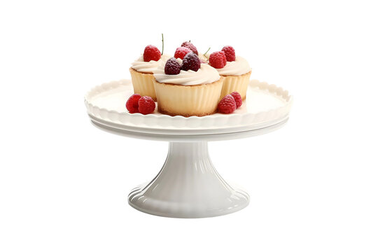 Cupcakes on cakestand with Raspberries on top isolated on transparent background, AI