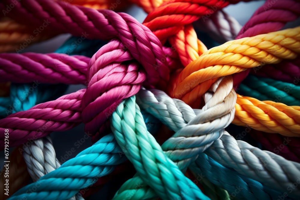 Poster different ropes are woven into a knot. teamwork concept. background with selective focus and copy sp