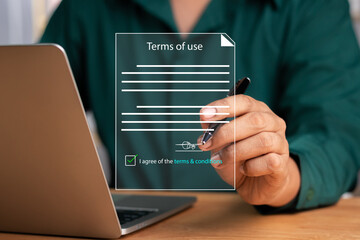 Terms of use business concept. Businessman Sign Terms of use and reading terms and conditions of...
