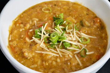 Plated soup or stew with mushrooms and green onions in a white bowl. Fresh gourmet cuisine. Close-up detail photograph.