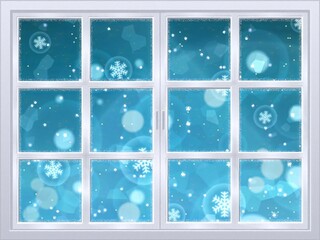 雪の結晶が降るメルヘンチックな窓の風景　ブルー