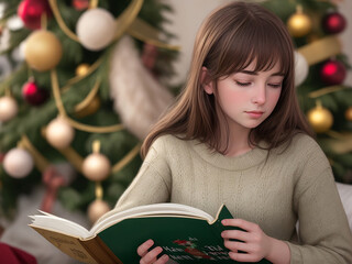 High quality hyperrealistic portrait, 8 k, ultra HD of a girl reading a book in front of the Christmas tree, lighting from the Christmas tree, natural lighting, which highlights the love and tranquili