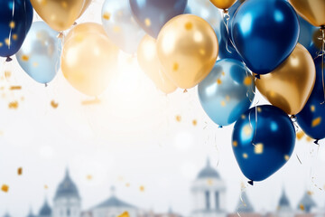 background with blue golden balloons and confetti on copy space background