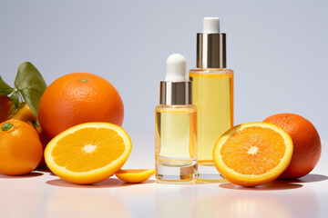 Natural vitamin c serum, skincare, essential oil products. Bottle of vitamin C serum with fresh juicy orange fruit. Beauty product branding mock-up.
