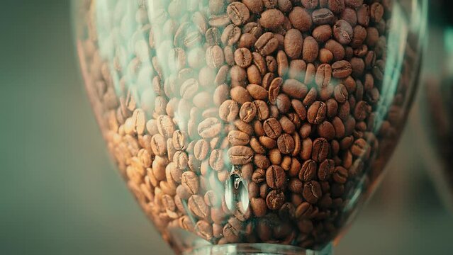 close up of coffee beans in a Coffee grinder machine