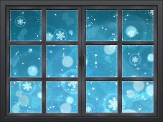 雪の結晶が降るメルヘンチックな窓の風景　ブルー