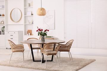 Stylish dining room interior with table and chairs. Space for text