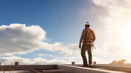 Confident Head Civil Engineer-Architect in is Standing Outside with His Back to Camera in a Construction Site on a Bright Day. Man is Wearing a Hard Hat, Shirt and a Safety Vest.